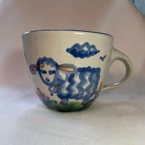 MA Hadley Pottery Sheep Coffee Tea Cup Mug Hand-painted Blue and White The End